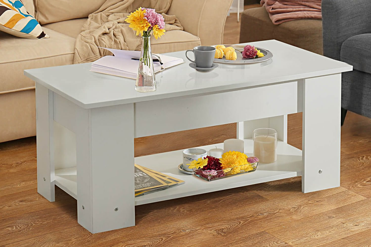 View Concord White Wooden Coffee Table LiftUp Height Adjustable Tabletop Hidden Storage Compartment Lower Open Storage Shelf information