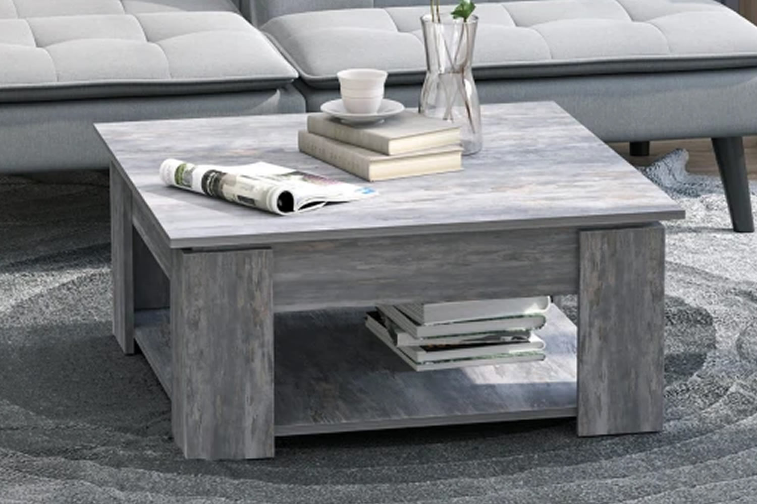 View Brea Square Wooden Coffee Table With Lower Storage Shelf Vintage Textured Grey Wood Grain Finish EasyToClean Ideal for Any Living Space information