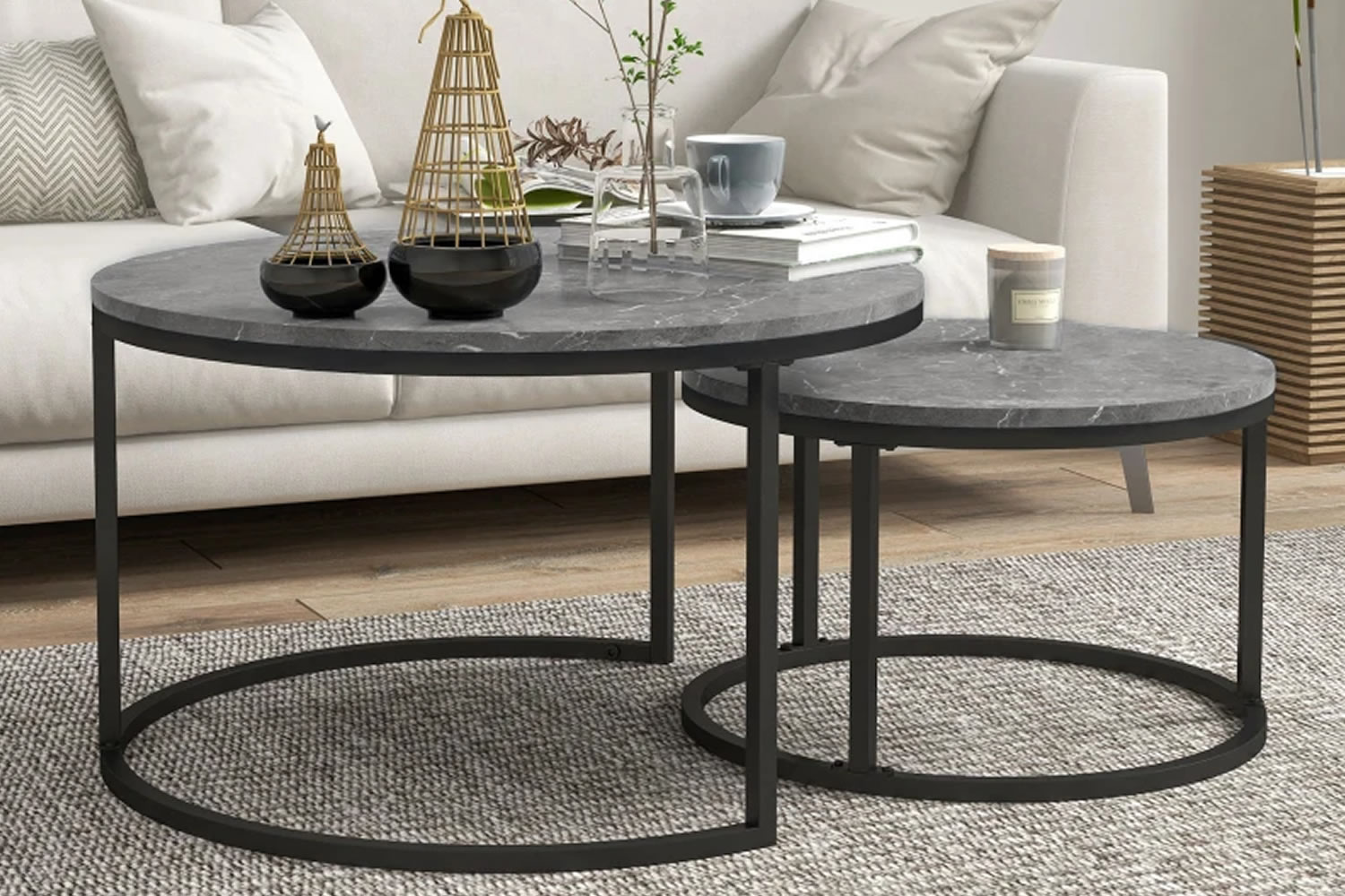 View Indio Marble Dark Grey 2Piece Round Wooden Stackable Coffee Table Set 1 Large 1 Small Table Weight Tested To 50kg MDF Tabletop Solid Steel information