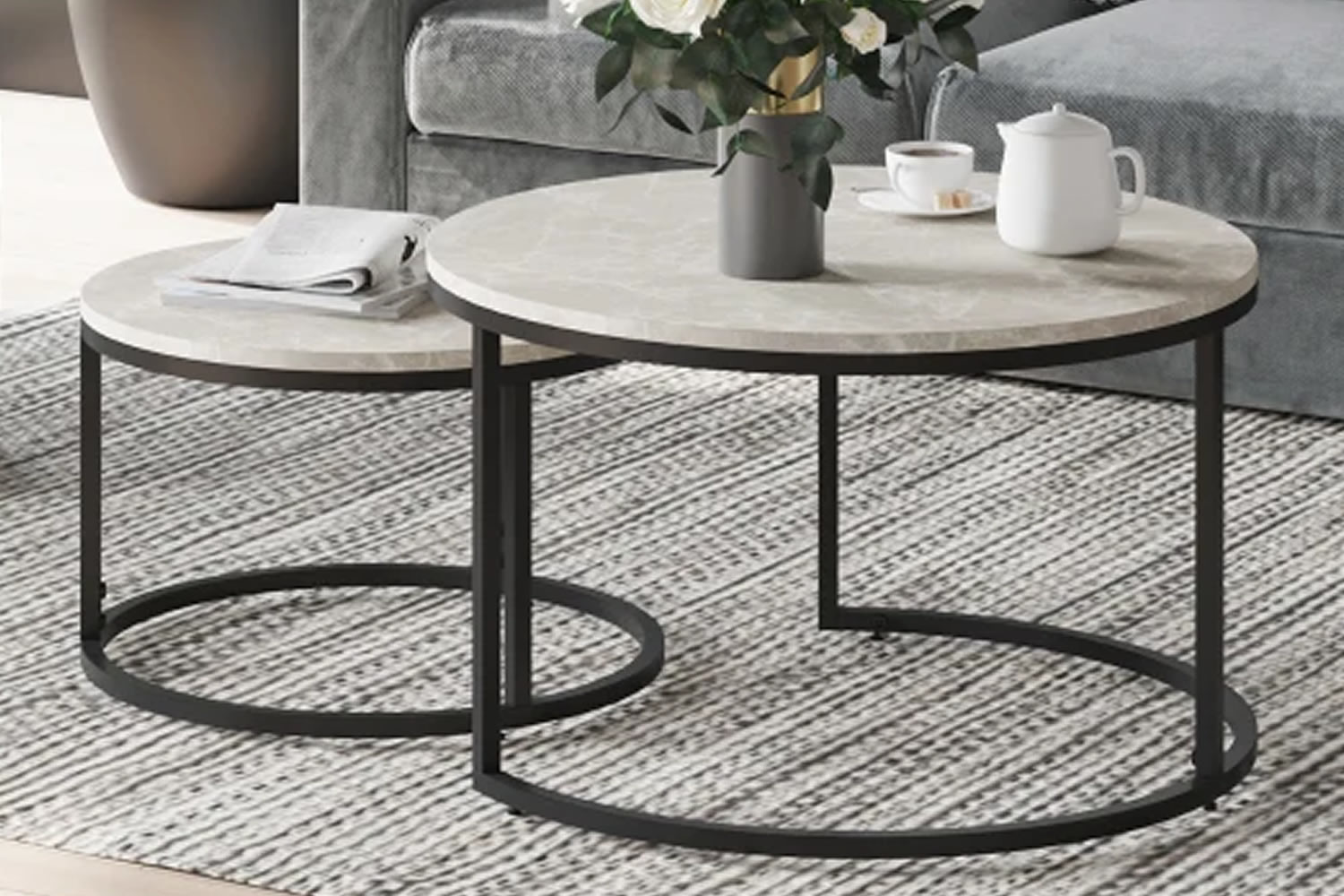 View Indio Marble Light Grey 2Piece Round Wooden Stackable Coffee Table Set 1 Large 1 Small Table Weight Tested To 50kg MDF Tabletop Solid Steel information