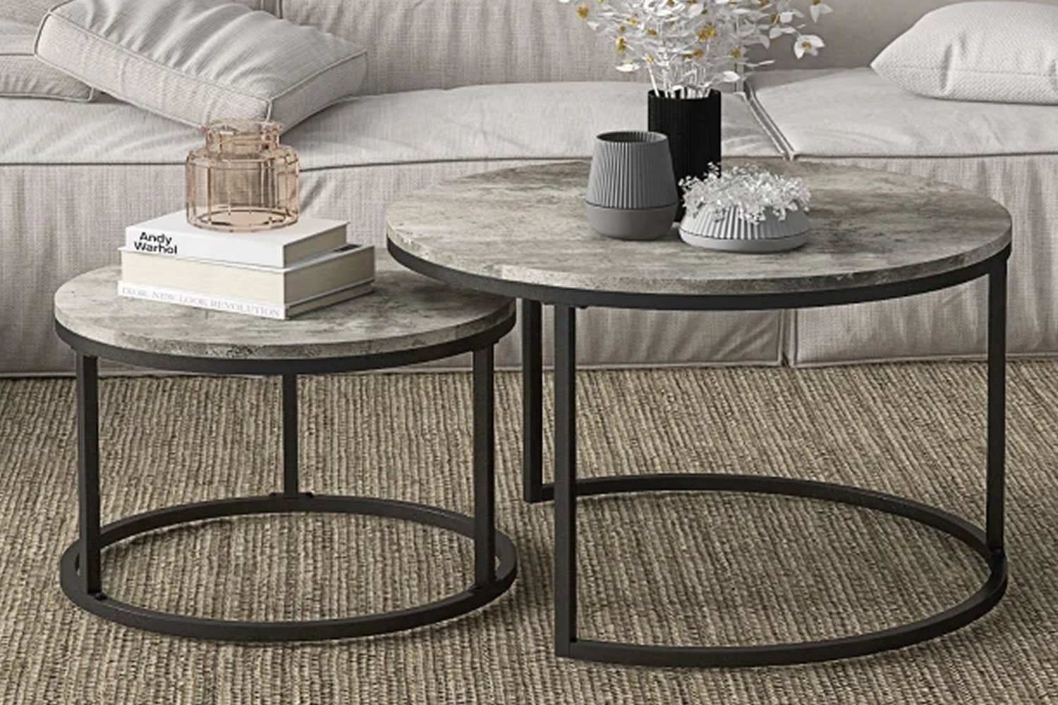 View Indio Cement Grey 2Piece Round Wooden Stackable Coffee Table Set 1 Large 1 Small Table Weight Tested To 50kg MDF Tabletop Solid Steel Frame information