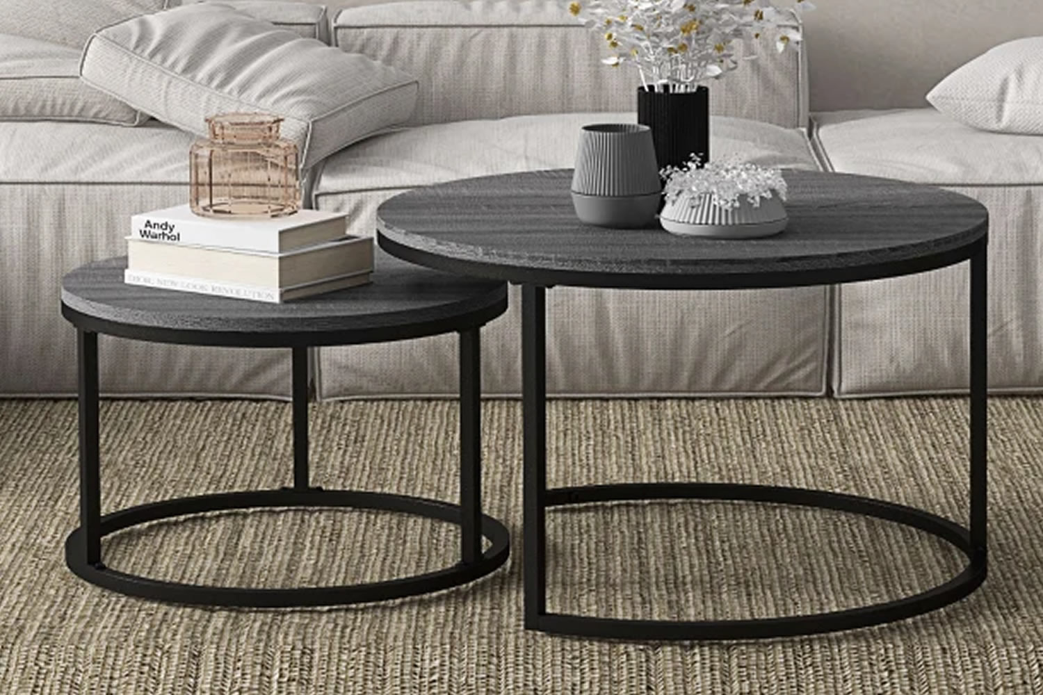 View Indio Wood Grey 2Piece Round Wooden Stackable Coffee Table Set 1 Large 1 Small Table Weight Tested To 50kg MDF Tabletop Solid Steel Frame information