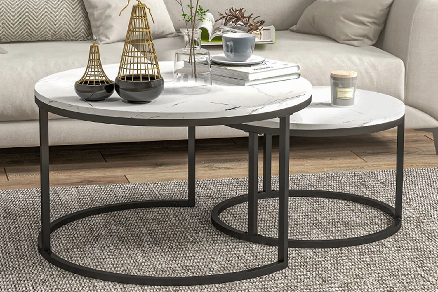 View Indio White 2Piece Round Wooden Stackable Coffee Table Set 1 Large 1 Small Table Weight Tested To 50kg MDF Tabletop Solid Steel Frame information