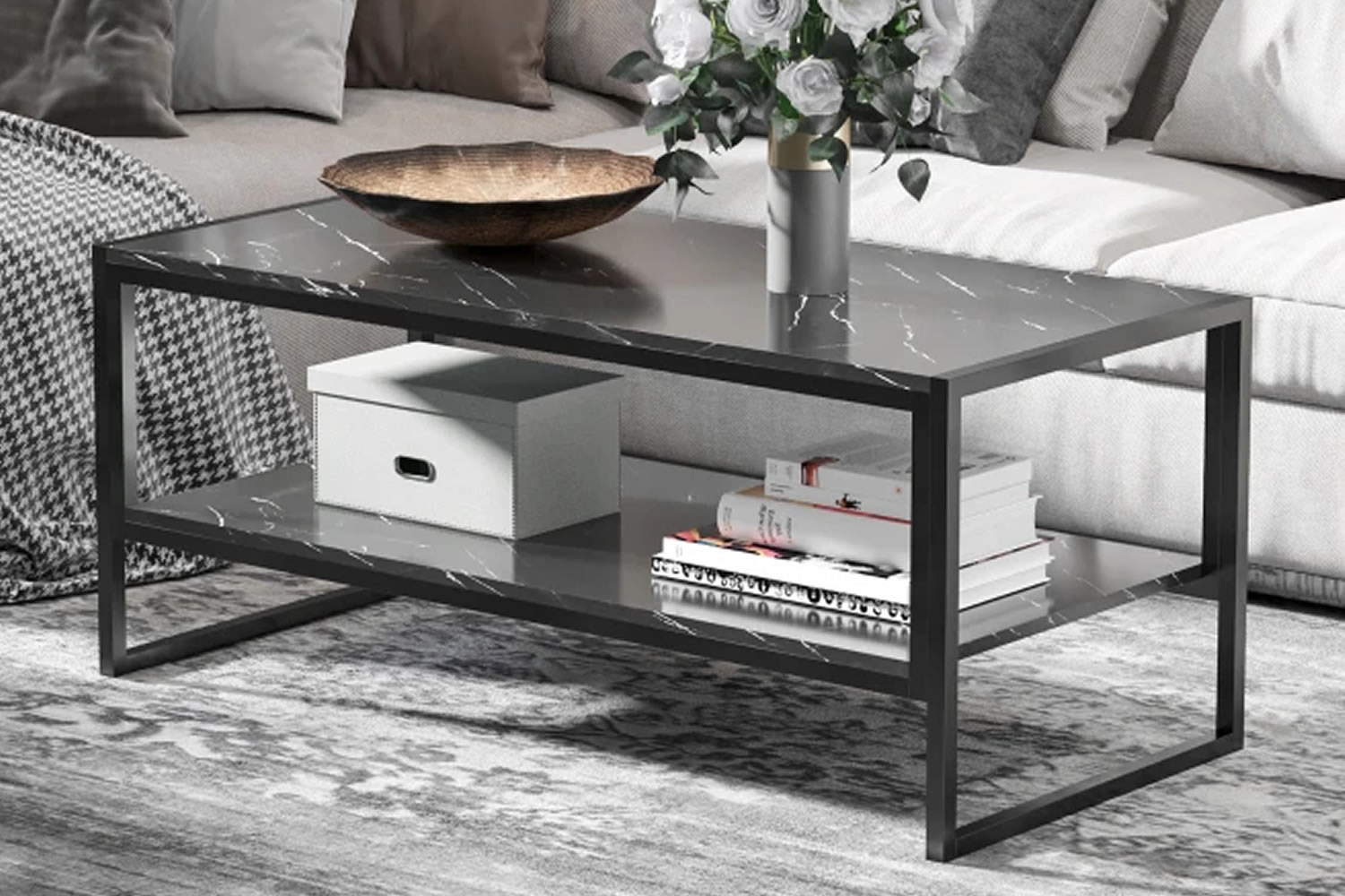 View Monterey TwoTier Wooden Coffee Table Black MarbleEffect Finish Spacious Top Lower Storage Shelf Sturdy Metal Legs Protective Foot Caps information