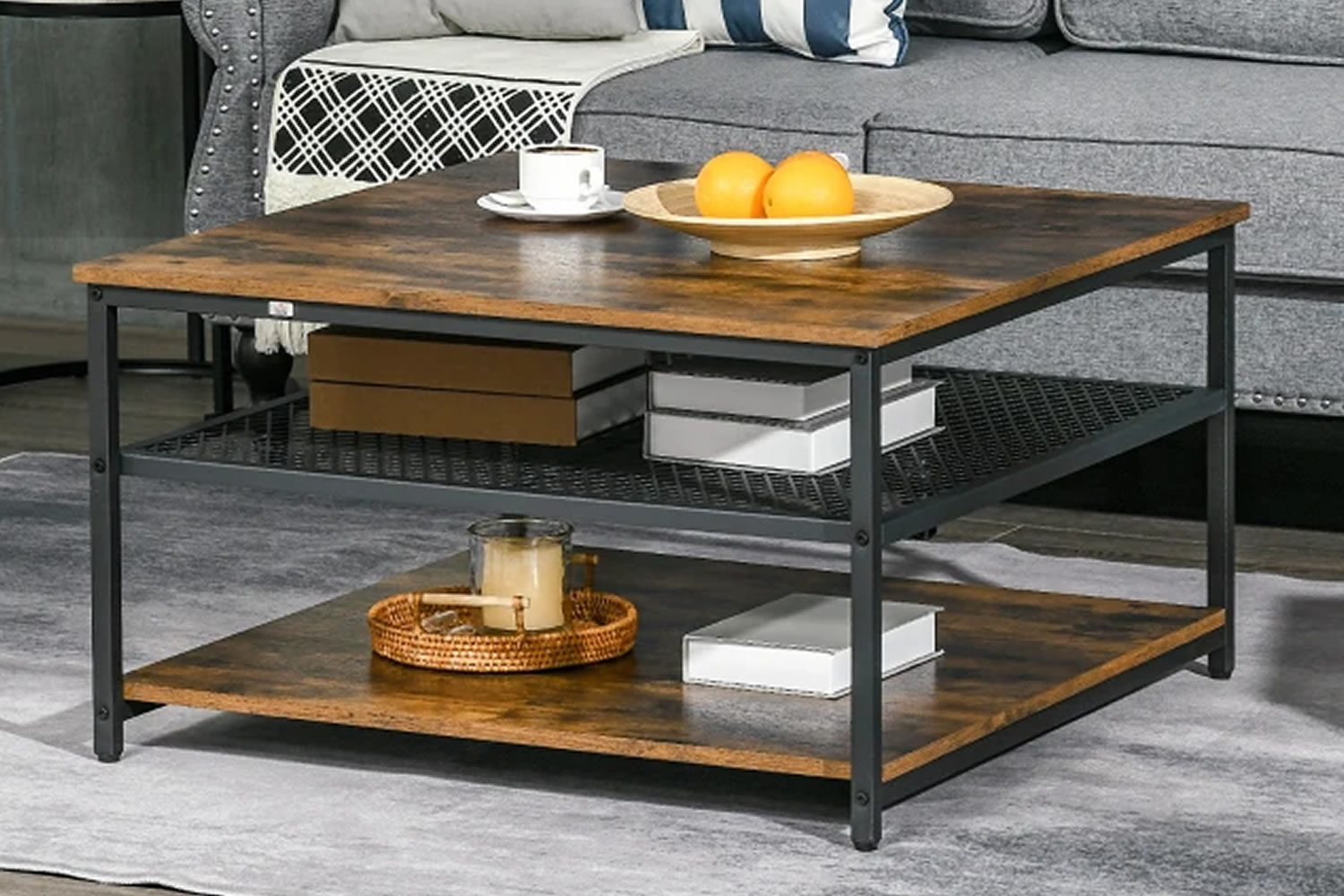 View Fairfield Square Wooden Coffee Table ThreeTier Design Black Steel Frame Waterproof Rustic Brown WoodEffect Finish Adjustable Footpads information