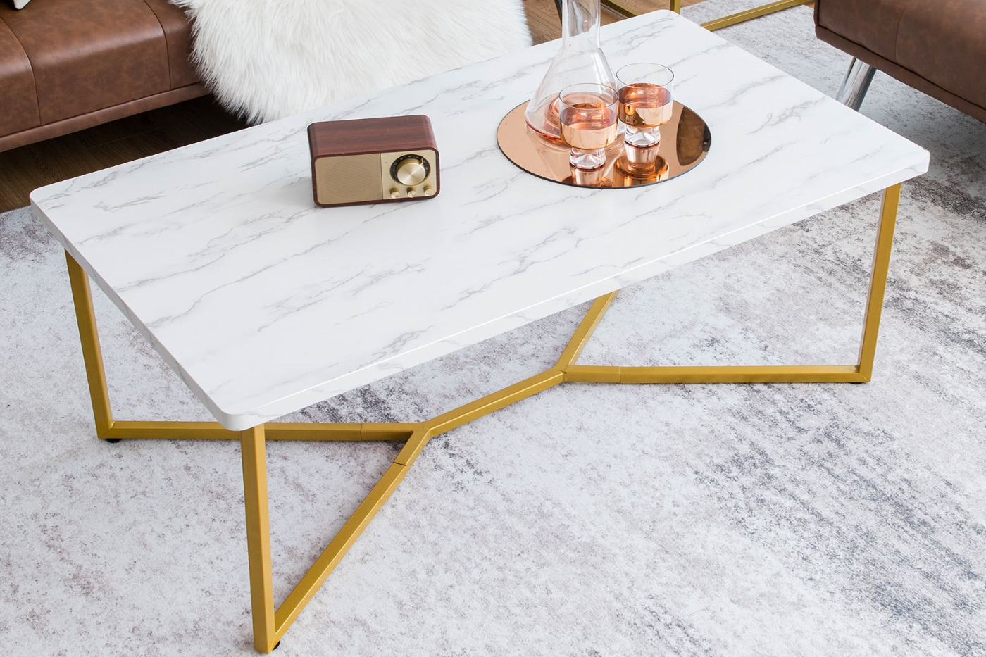 View Chula Vista Living Room Coffee Table Marble Effect MDF Tabletop With Rounded Corners Gold Painted XShaped Metal Base Adjustable Footpads information