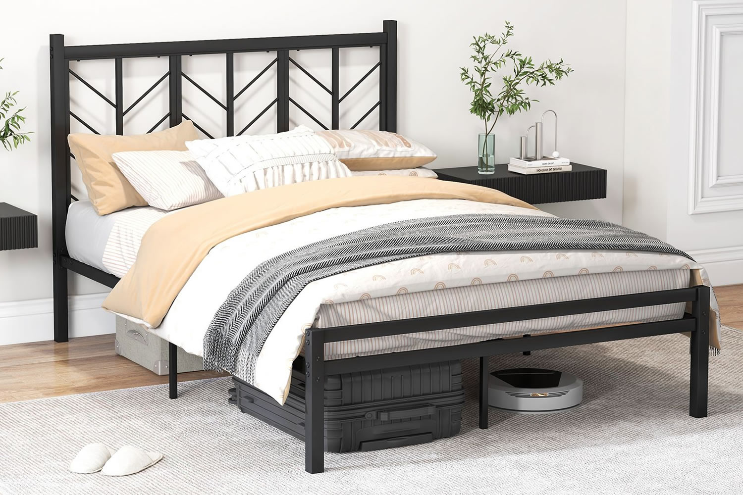 View Herringbone Black 50 King Size Metal Bed Frame HeavyDuty Iron Frame Tested To 300kg High Headboard Low Footend Metal Slats NonSlip Fe information