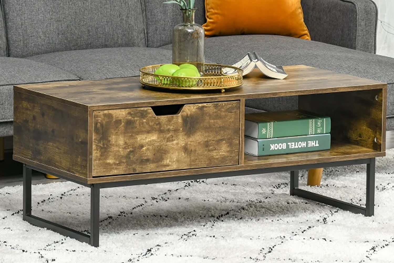 View Fremont Wooden Coffee Table Rustic Brown WoodEffect Finish Spacious Tabletop One Storage Drawer One Open Storage Shelf Study Metal Frame information