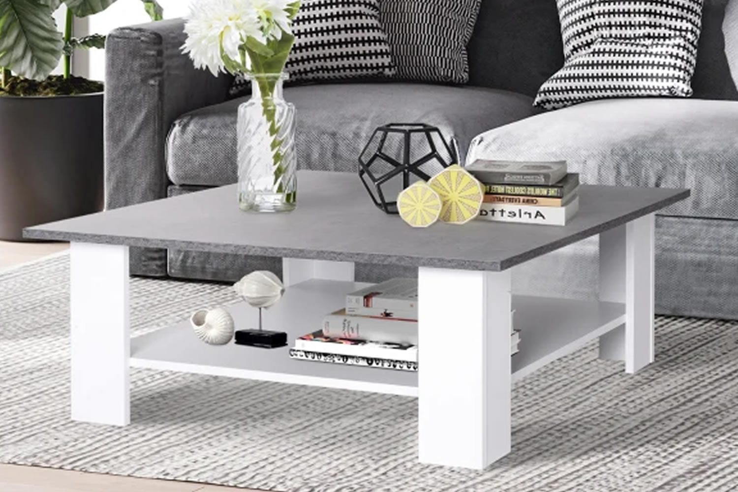 View Haywood Grey White Wooden Coffee Table Water Scratch Resistant 2Tier Design Spacious Tabletop Lower Storage Shelf AntiSlip Foot Pads information