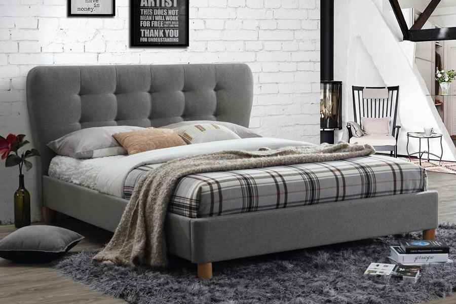 View Grey Fabric Upholstered Small Double 40 Curved Grey Bed Frame Buttoned Headboard Slatted Base Stockholm information