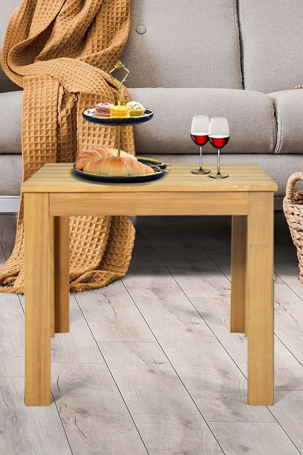 View Seward Wooden Side Table Made From Natural Acacia Wood Waterproof Finish Slatted Tabletop Sturdy Wooden Legs 100kg Weight Capacity information