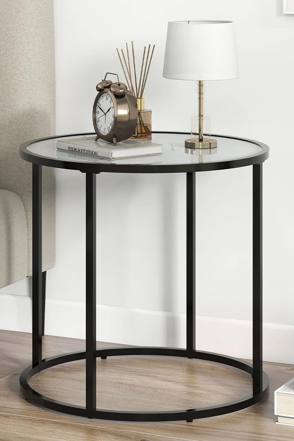 View Skagway Side Table Round Faux Marble Tempered Glass Tabletop Black Powder Coated Metal Frame Metal Ring Support Adjustable Foot Pads information