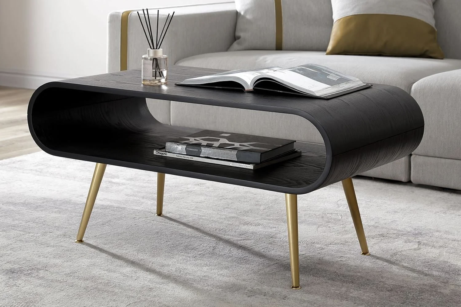 View Auckland Black Coffee Table Real Wood Veneer Curved Design Spacious Top Surface Large Open Storage Space Tapered Metal Legs Leveling Feet information