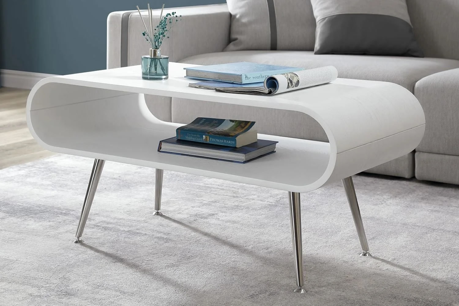 View Auckland White Coffee Table Real Wood Veneer Curved Design Spacious Top Surface Large Open Storage Space Tapered Metal Legs Leveling Feet information