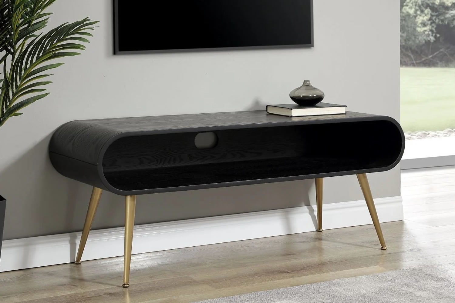 View Auckland Black TV Stand Real Wood Veneer Curved Design Spacious Top Surface Open Storage Cable Management Tapered Metal Legs Leveling Fe information