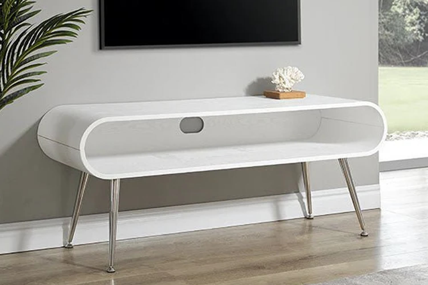 View Auckland White TV Stand Real Wood Veneer Curved Design Spacious Top Surface Open Storage Cable Management Tapered Metal Legs Leveling Fe information