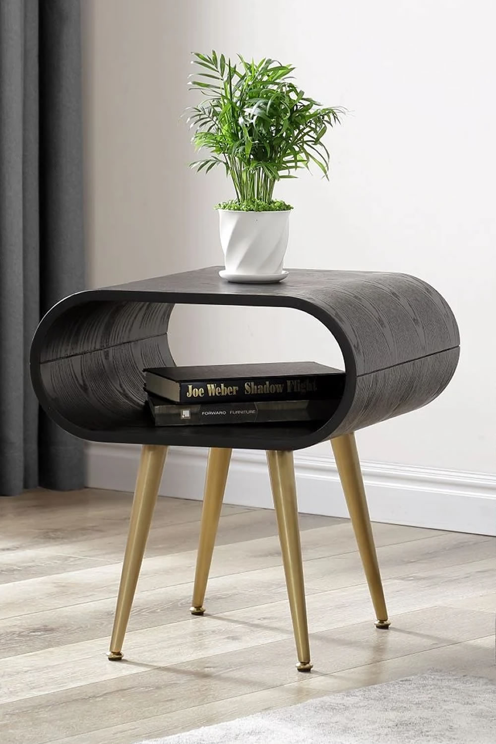 View Auckland Black Side Table Real Wood Veneer Curved Design Spacious Top Surface Large Open Storage Space Tapered Metal Legs Adjustable Feet information