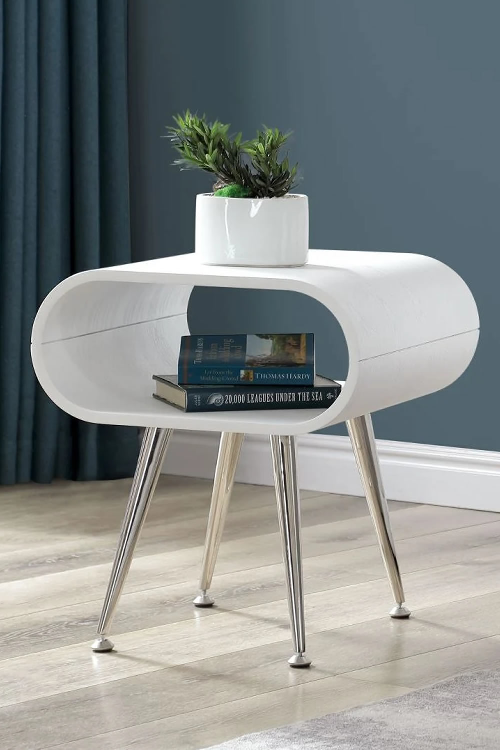 View Auckland White Side Table Real Wood Veneer Curved Design Spacious Top Surface Large Open Storage Space Tapered Metal Legs Adjustable Feet information