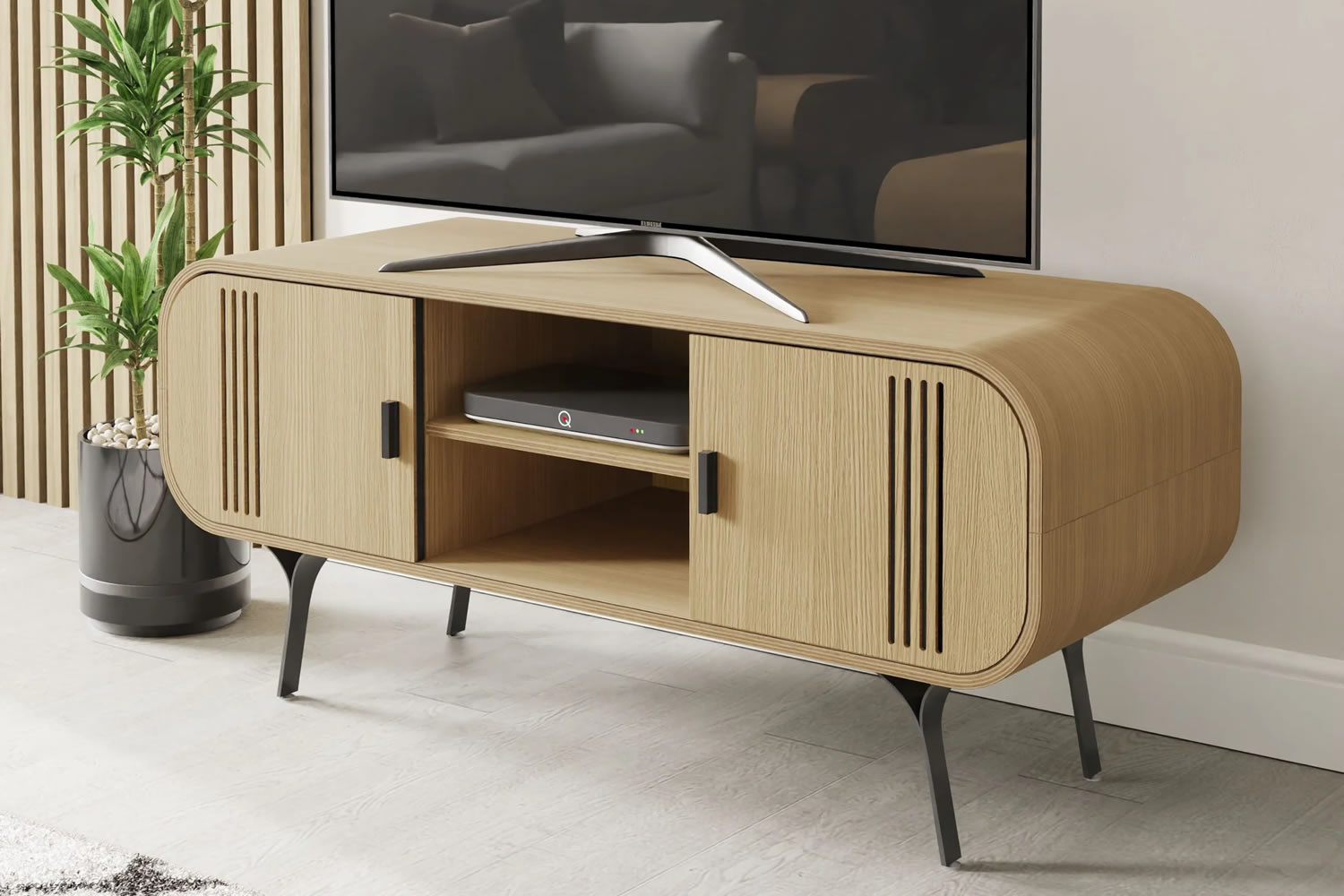 View Milano Oak TV Stand Curved Design Spacious Top Surface Three Storage Compartments Cable Management Black Metal Legs Adjustable Feet information