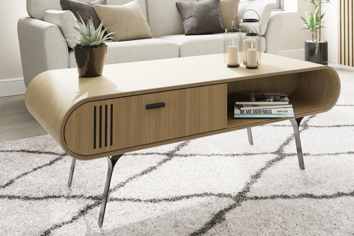 View Milano Oak Coffee Table Curved Design Spacious Top Surface Two Storage Drawers Intricate Panel Detailing Black Metal Legs Adjustable Feet information