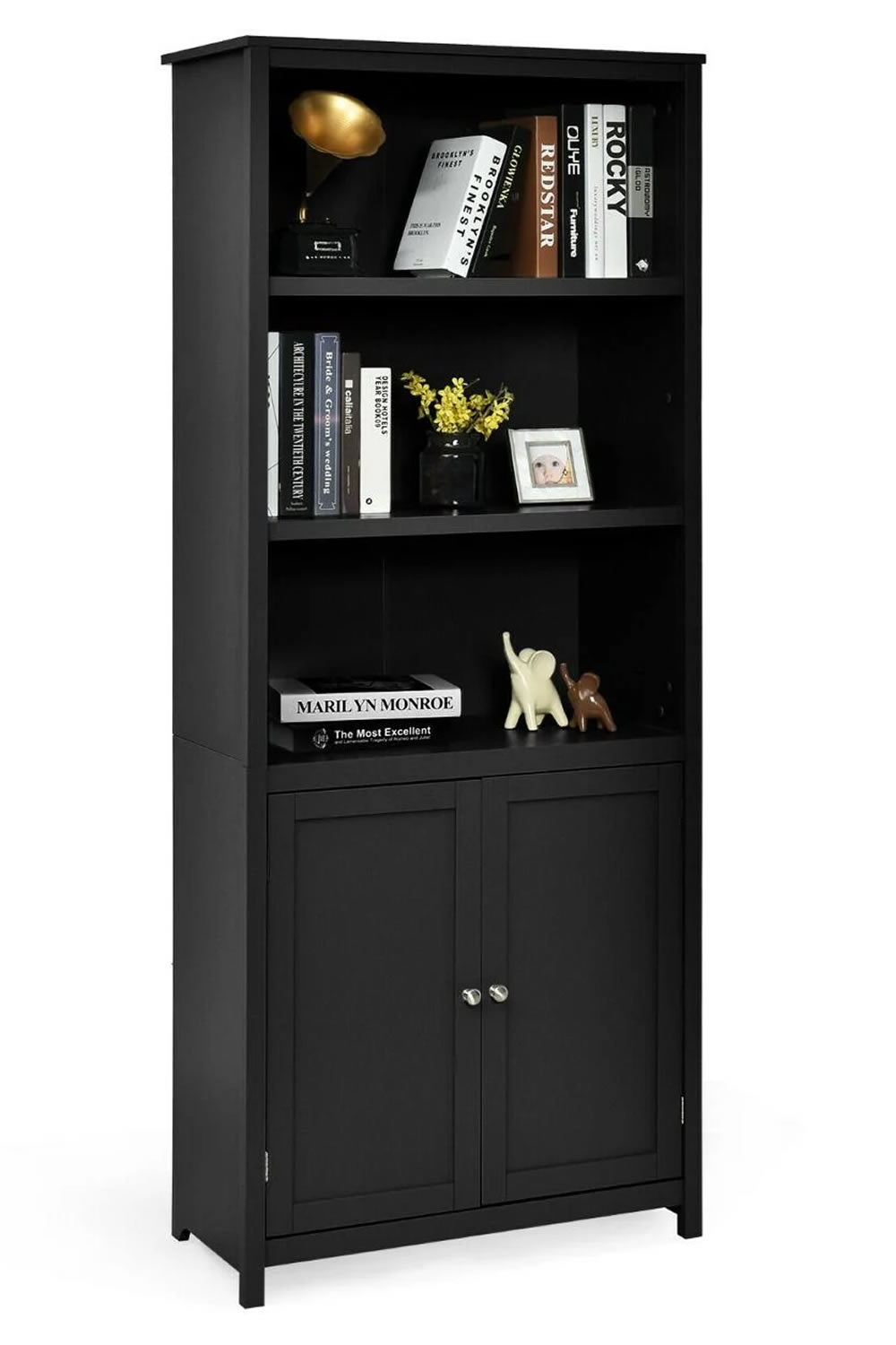 View Memphis Tall Black Wooden Bookcase Open Storage With Two Adjustable Shelves Two Door Cupboard With Fixed Shelf Magnetic Locks Metal Handles information