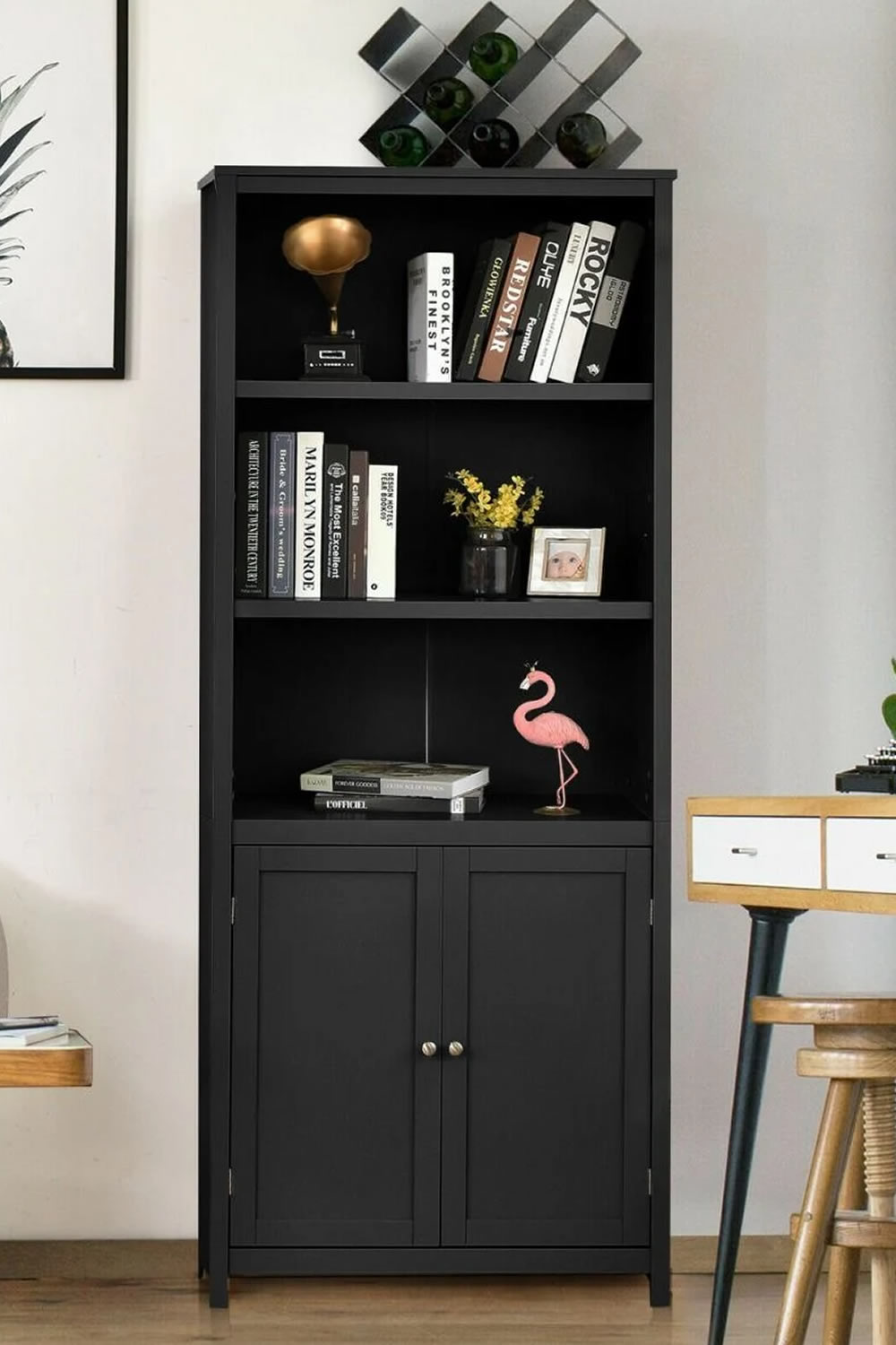 View Memphis Tall Black Wooden Bookcase Open Storage With Two Adjustable Shelves Two Door Cupboard With Fixed Shelf Magnetic Locks Metal Handles information