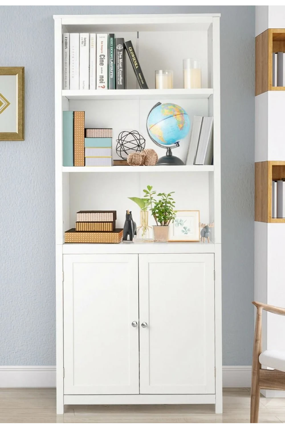 View Memphis Tall White Wooden Bookcase Open Storage With Two Adjustable Shelves Two Door Cupboard With Fixed Shelf Magnetic Locks Metal Handles information