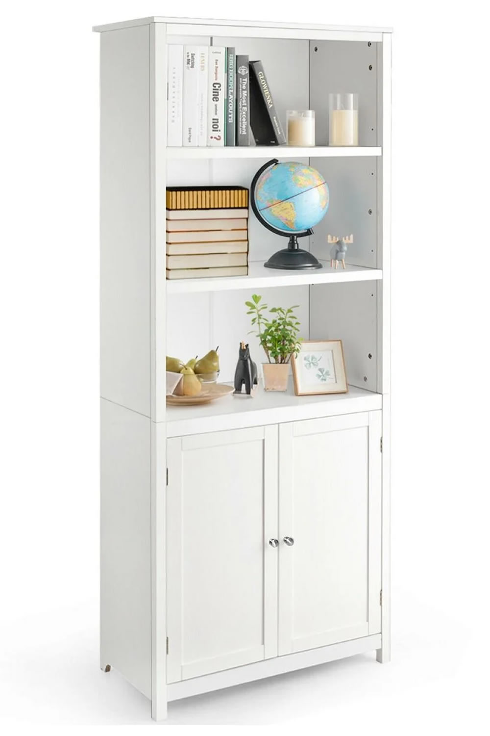 View Memphis Tall White Wooden Bookcase Open Storage With Two Adjustable Shelves Two Door Cupboard With Fixed Shelf Magnetic Locks Metal Handles information