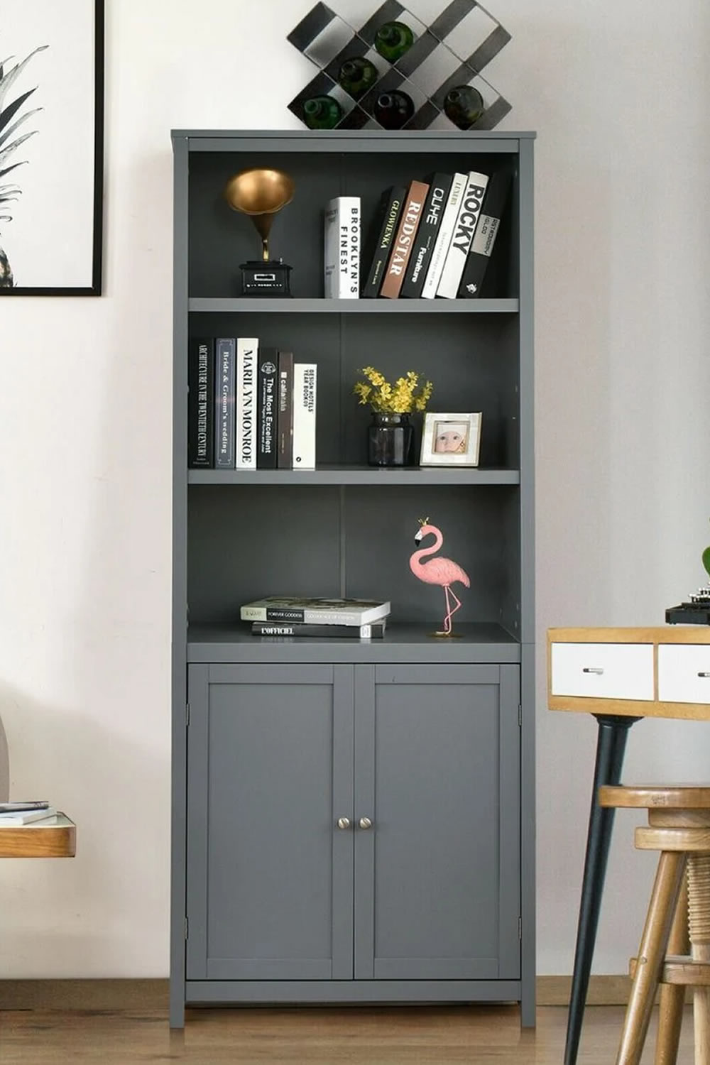 View Memphis Tall Grey Wooden Bookcase Open Storage With Two Adjustable Shelves Two Door Cupboard With Fixed Shelf Magnetic Locks Metal Handles information