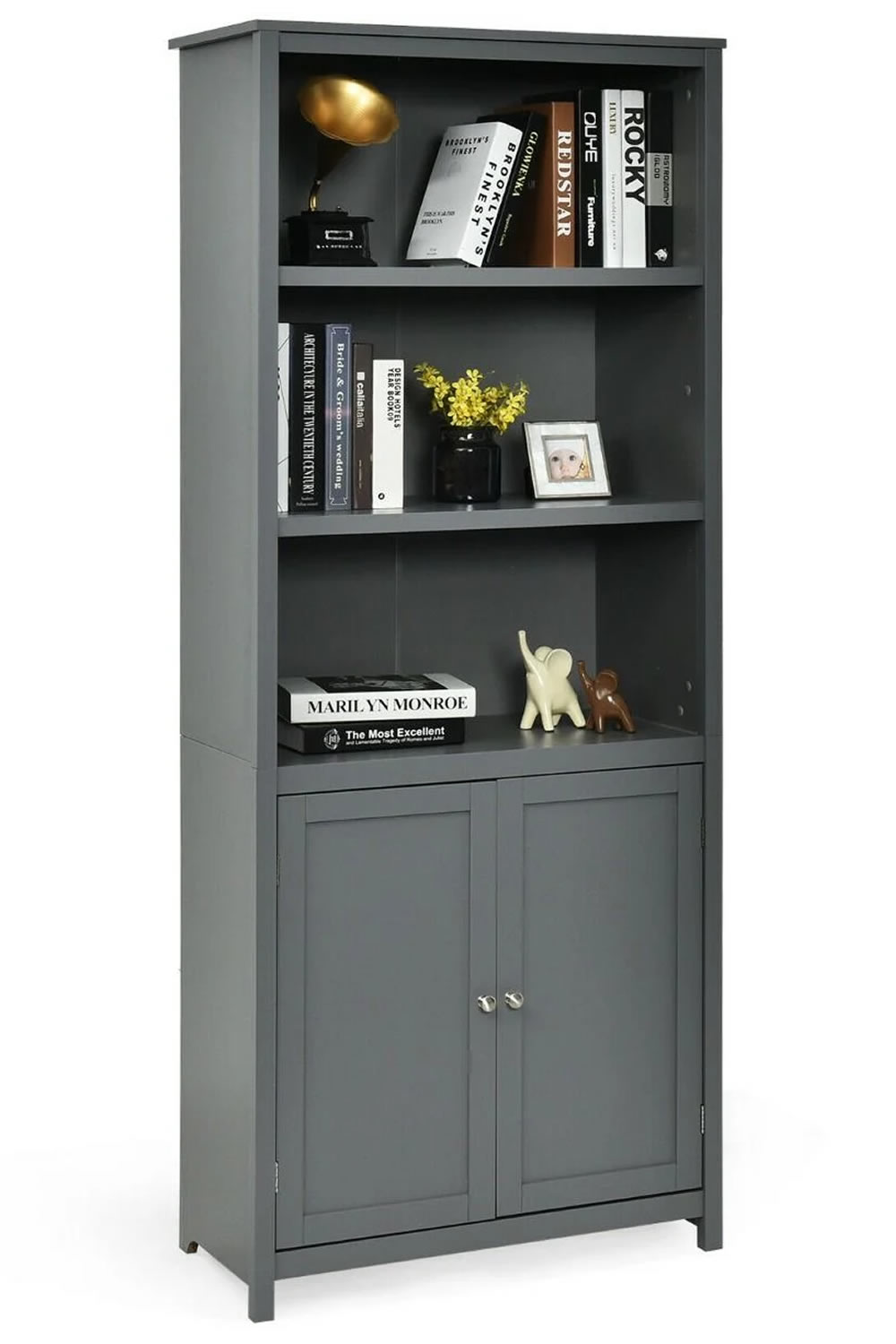 View Memphis Tall Grey Wooden Bookcase Open Storage With Two Adjustable Shelves Two Door Cupboard With Fixed Shelf Magnetic Locks Metal Handles information