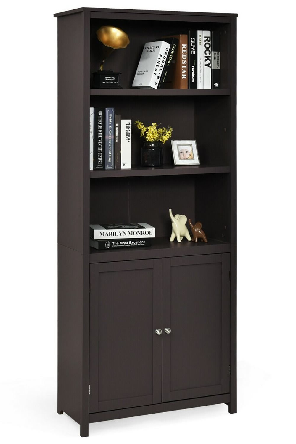 View Memphis Tall Coffee Wooden Bookcase Open Storage With Two Adjustable Shelves Two Door Cupboard With Fixed Shelf Magnetic Locks Metal Handles information