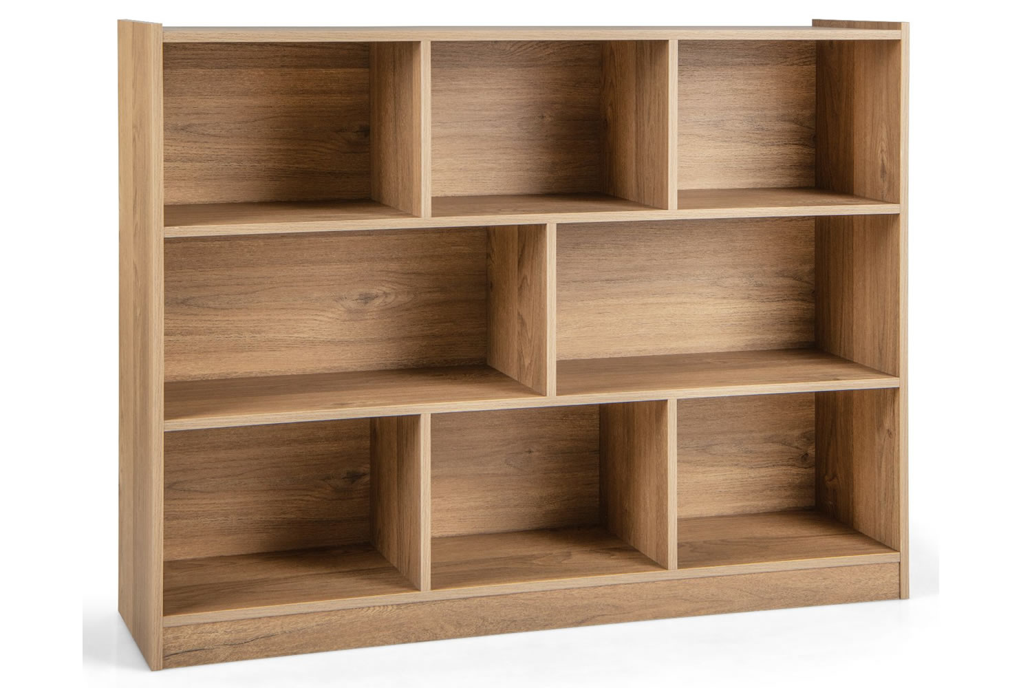 View Rossville Oak Wooden Open Storage Bookcase ThreeTier Design Two Large Six Small Storage Compartments Waterproof Surface AntiSlip Feet information