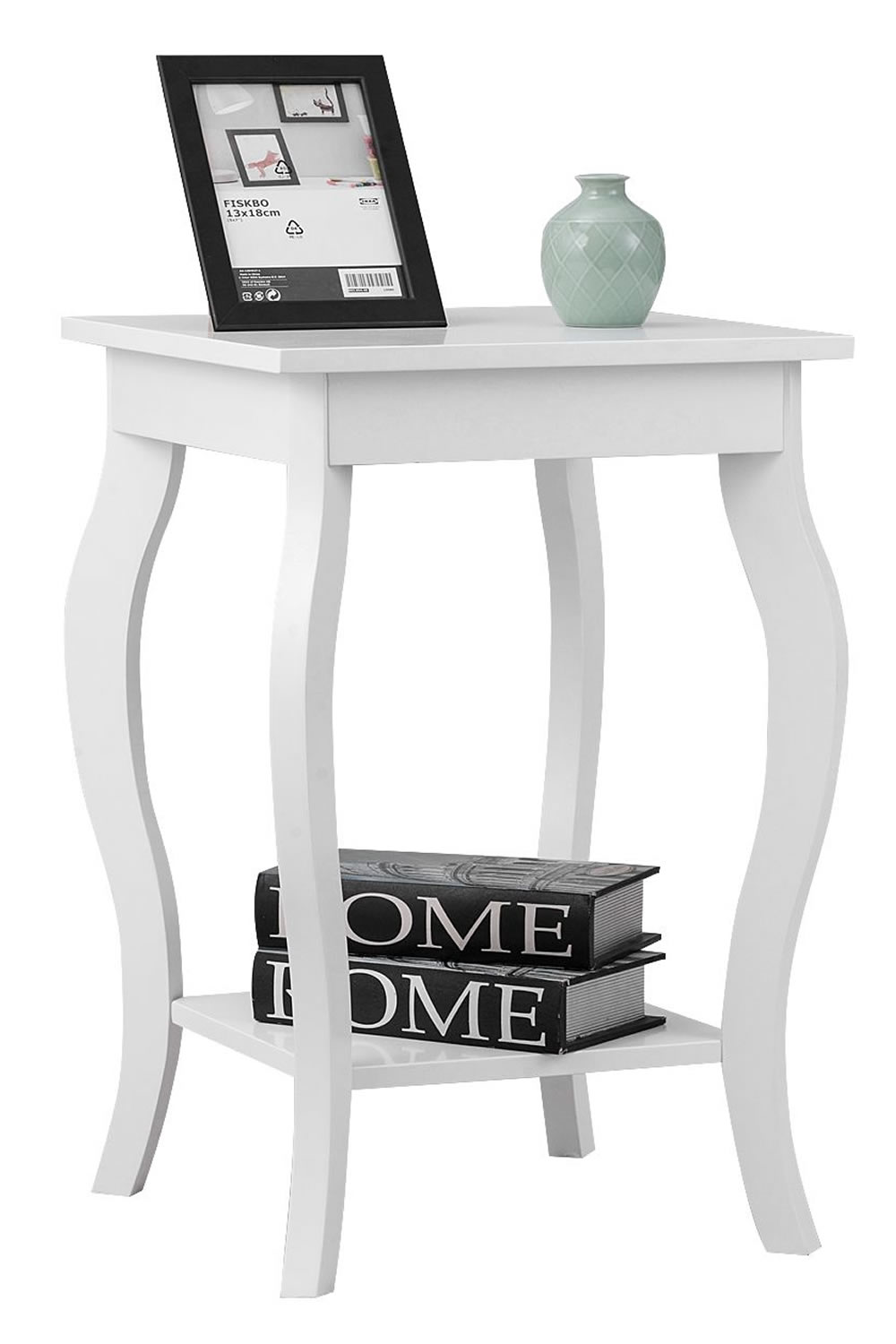 View Nome White TwoTier Wooden Side Table Square Tabletop Lower Open Shelf Elegant Curved Legs Protective Foot Pads Living Room Or Bedroom information