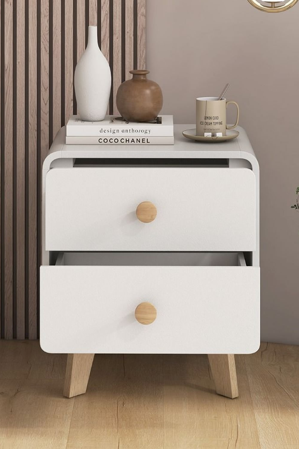 View Bisbee White Wooden Side Table Large Tabletop Safe Round Edges Two Spacious Storage Drawers Round Handles Rubber Wood Legs NonSlip Feet information