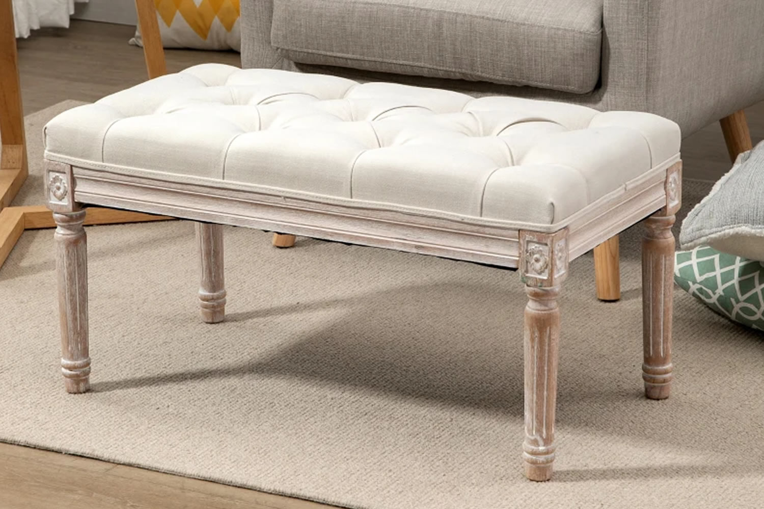 View Palatka Footstool Robust Rubberwood Frame Padded ButtonTufted Cushion Covered In Beige LinenEffect Fabric Fluted Legs AntiSlip Feet information