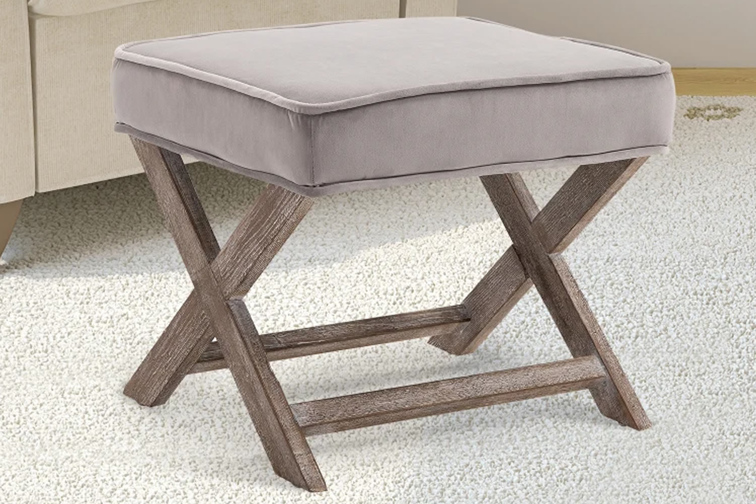 View Pensacola Footstool Robust Wooden XShaped Frame Padded Foam Cushioned Seat Grey SoftTouch Velvet Fabric Versatile Design Simple Assembly information