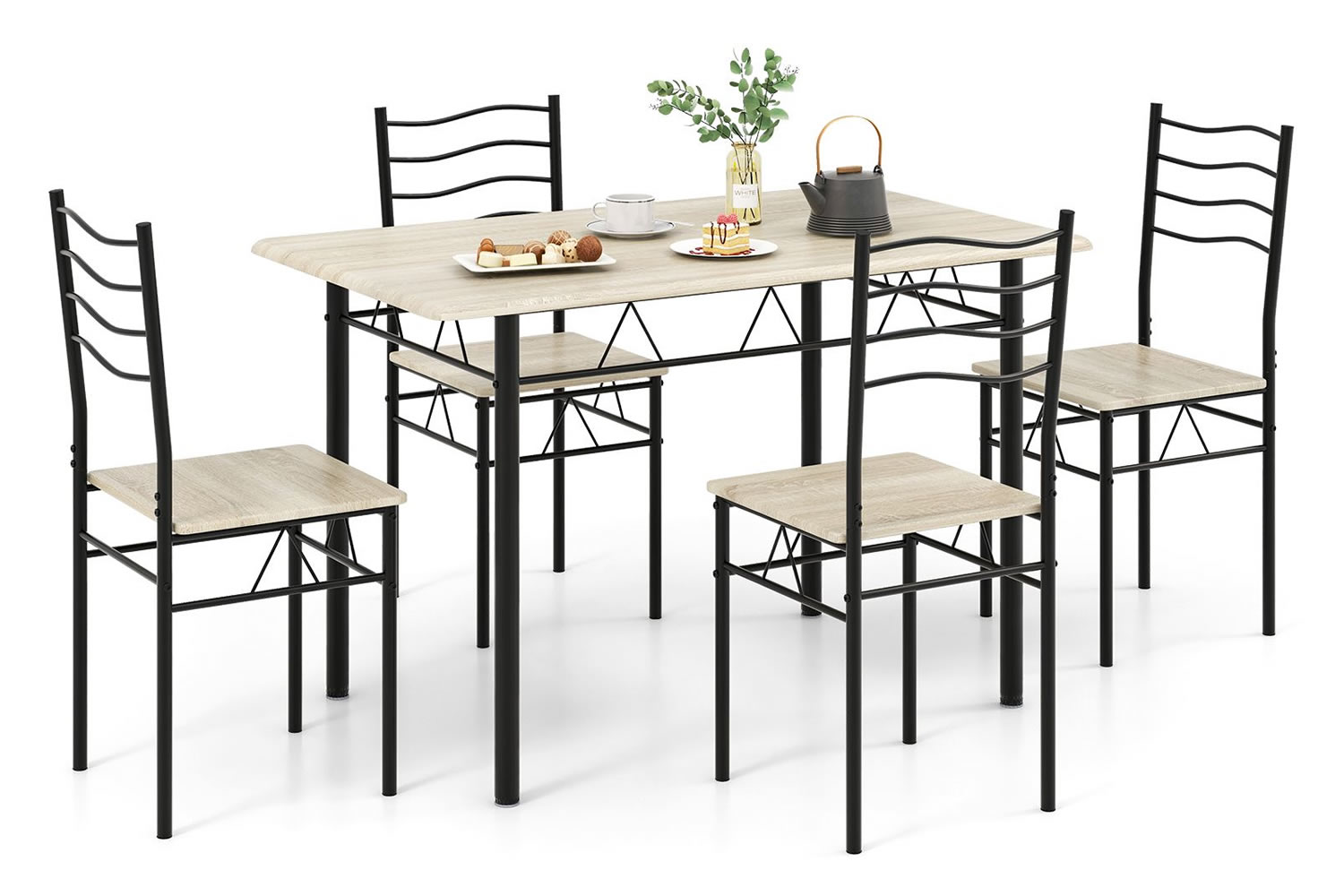 View Ashland Ash Dining Table Set One Rectangular Dining Table Four High Back Dining Chairs Wooden Tabletop Sturdy Steel Frame Space Saving Desig information