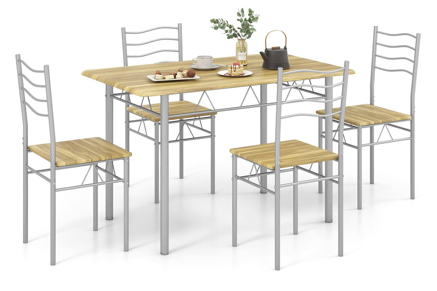 View Ashland Maple Dining Table Set One Rectangular Dining Table Four High Back Dining Chairs Wooden Tabletop Sturdy Steel Frame Space Saving Des information