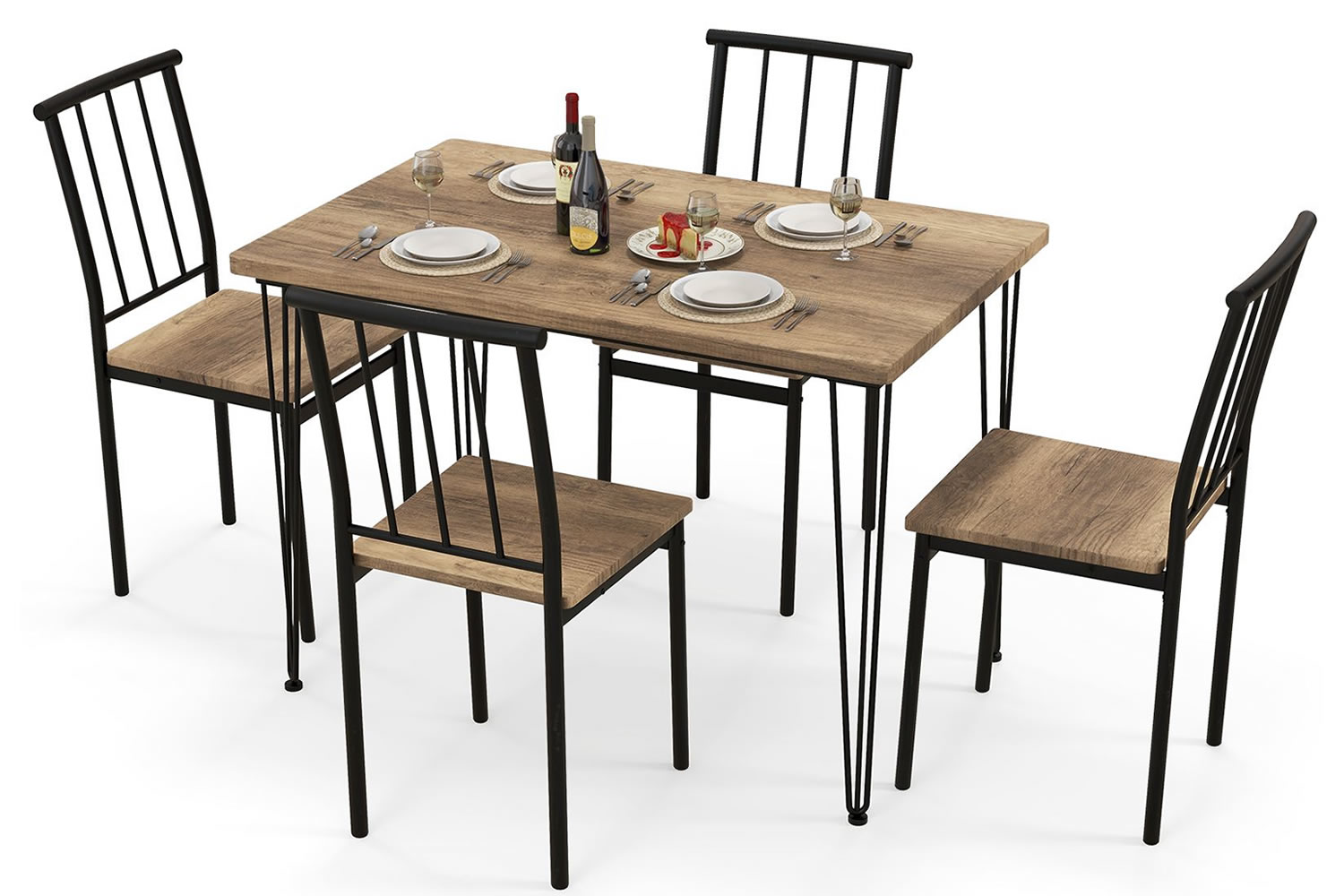 View Harlan Natural Wooden Dining Table Set 4Seater 1 Large Rectangular Dining Table 4 Dining Chairs Sleek Black Metal Frame AntiSlip Feet information