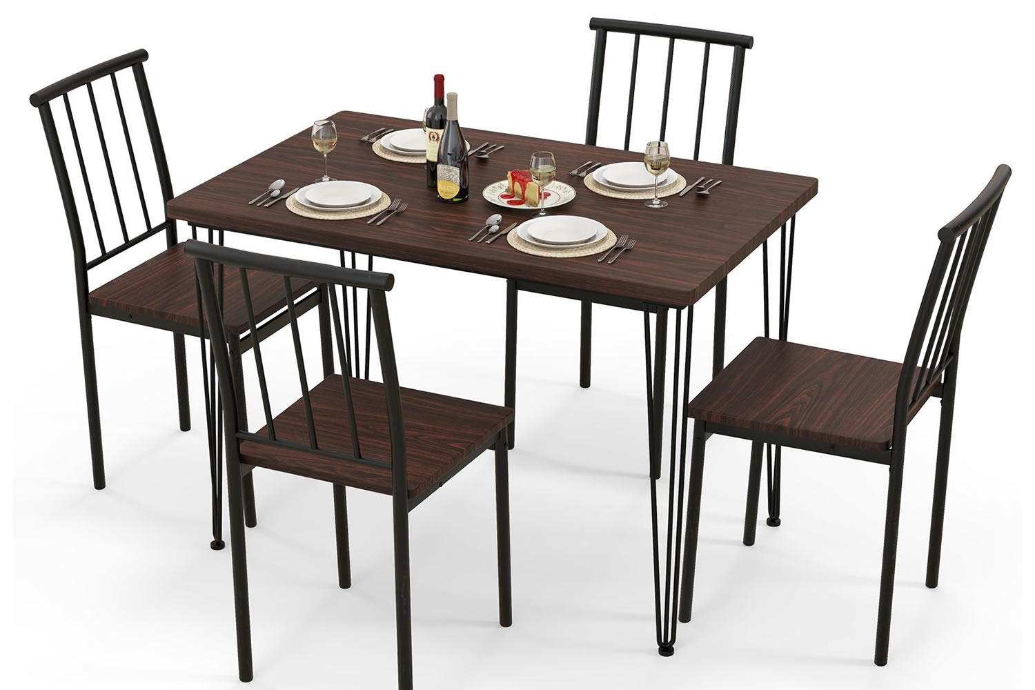 View Harlanm Walnut Wooden Dining Table Set 4Seater 1 Large Rectangular Dining Table 4 Dining Chairs Sleek Black Metal Frame AntiSlip Feet information