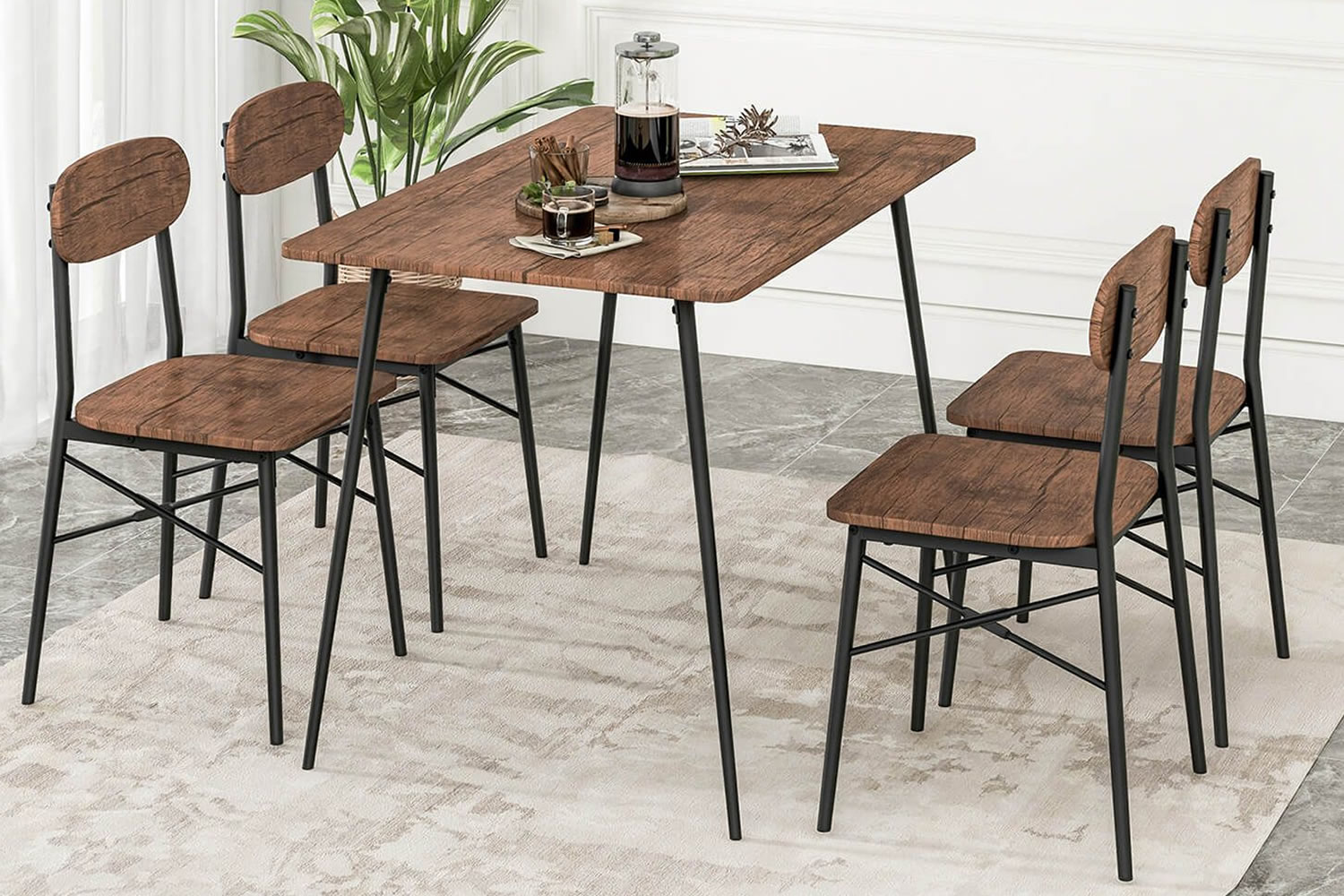 View Danville 4Seater Rustic Brown Wooden Dining Table Set 1 Rectangular Dining Table 4 Dining Chairs Tapered Black Metal Legs AntiSlip Feet information