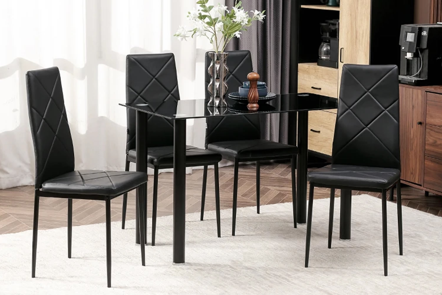 View Monroe 4Seater Dining Table Set 1 Rectangular Dining Table Black Tempered Glass Top 4 Diamond PU Leather Dining Chairs Tapered Metal Legs information