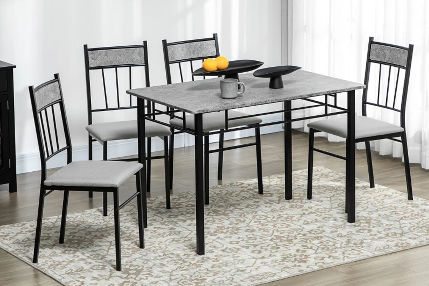 View Houma 4Seater Dining Table Set Rectangular Table With Marble Effect Finish 4 Chairs With Grey Fabric Seats Black Steel Frame AntiSlip Feet information