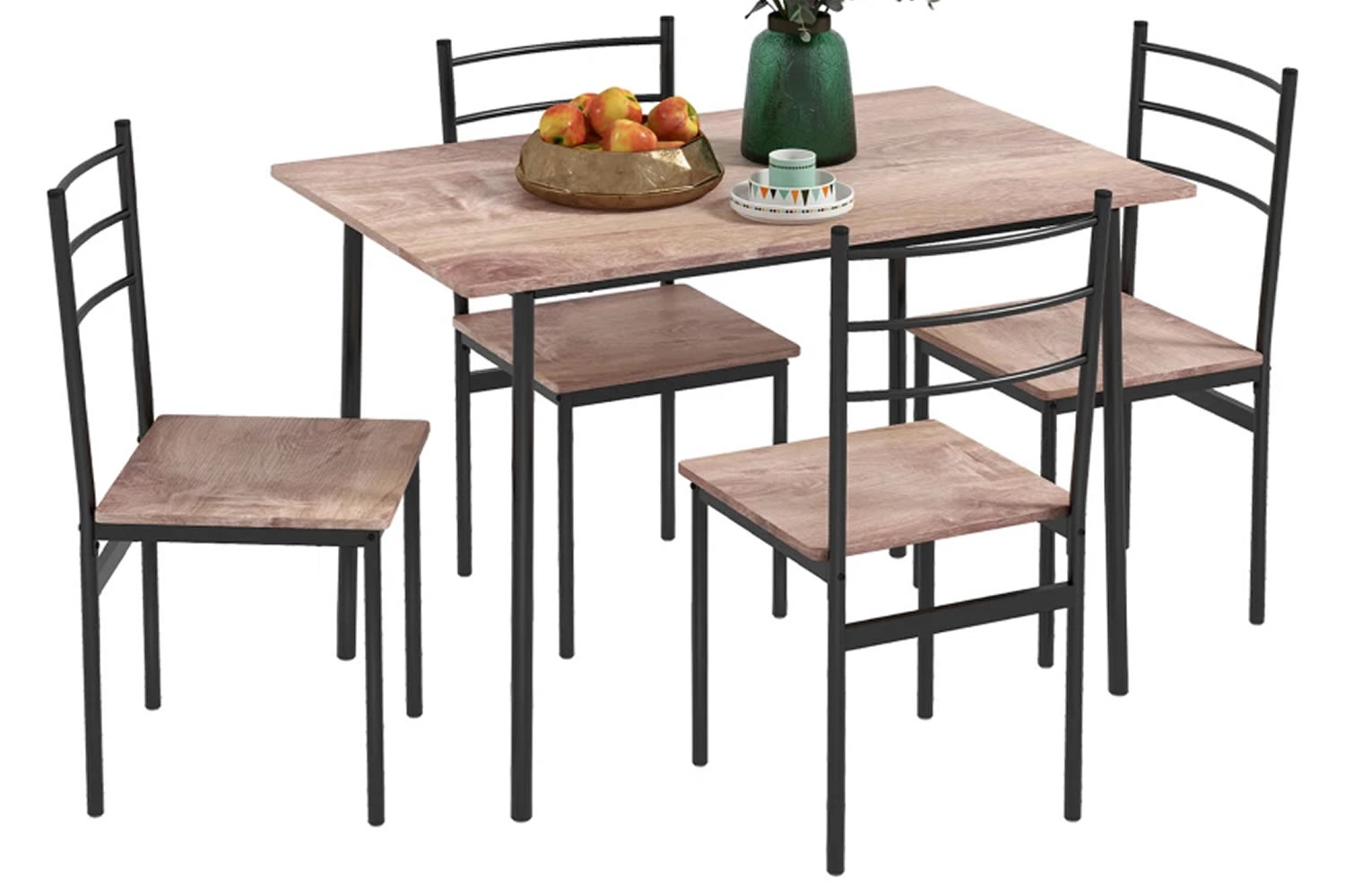 View Calais Black 4Seater Dining Table Set Compact Dining Table 4 Dining Chairs Natural Wood Effect Top Sturdy Steel Frame AntiSlip Foot Pads information