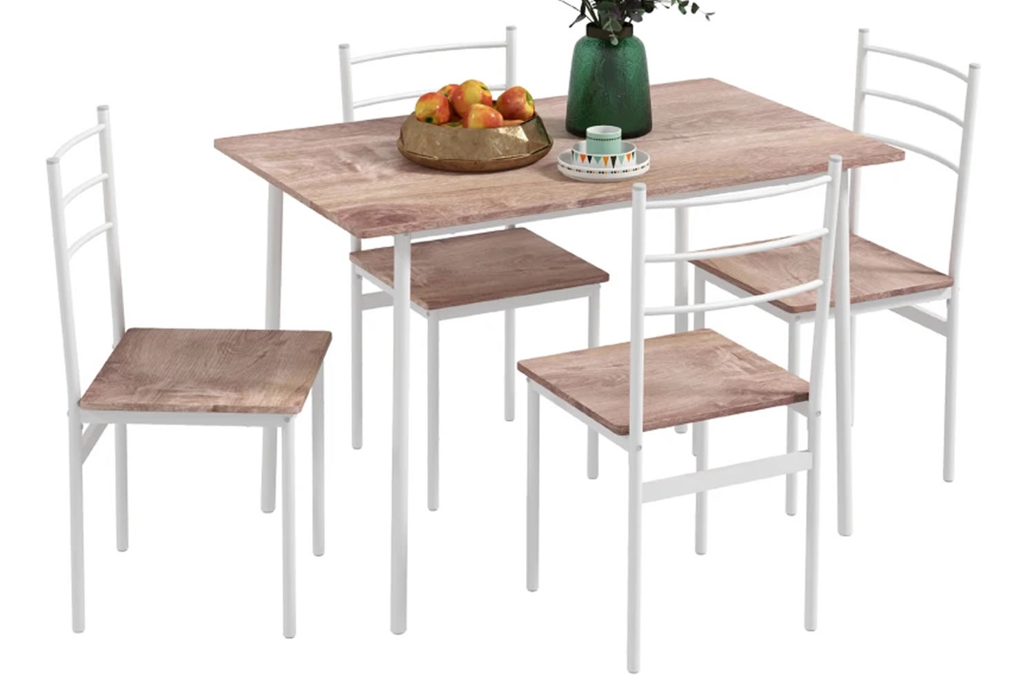 View Calais White 4Seater Dining Table Set Compact Dining Table 4 Dining Chairs Natural Wood Effect Top Sturdy Steel Frame AntiSlip Foot Pads information