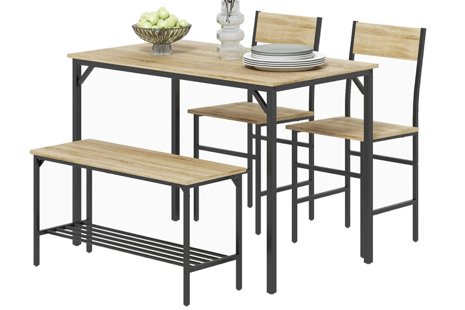 View Castine Natural Wooden Dining Table Set 1 Rectangular Dining Table 2 Chairs Storage Bench Compact Design Steel Frame Adjustable Foot Pads information