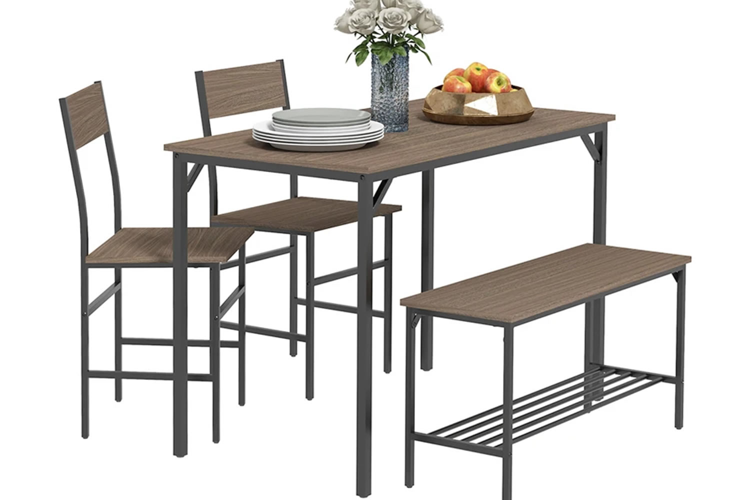 View Castine Grey Oak Wooden Dining Table Set 1 Rectangular Dining Table 2 Chairs Storage Bench Compact Design Steel Frame Adjustable Foot Pads information