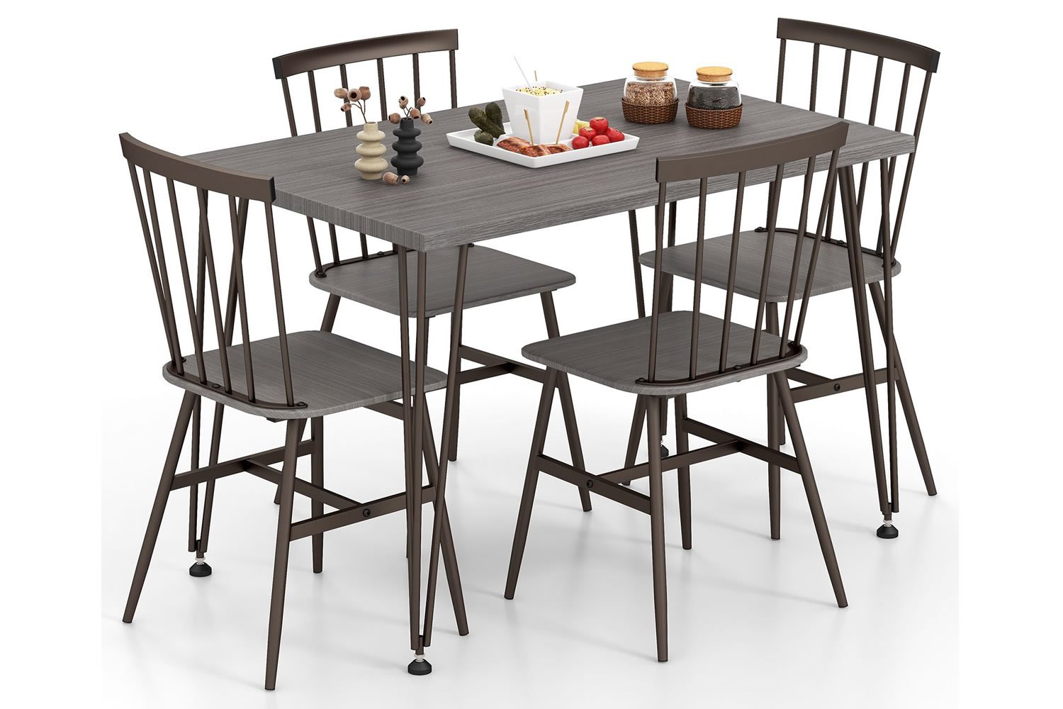 View Layton 4Seater Grey Wooden Dining Table Set 1 Rectangular Dining Table 4 High Back Dining Chairs Steel Frame Adjustable Foot Pads information