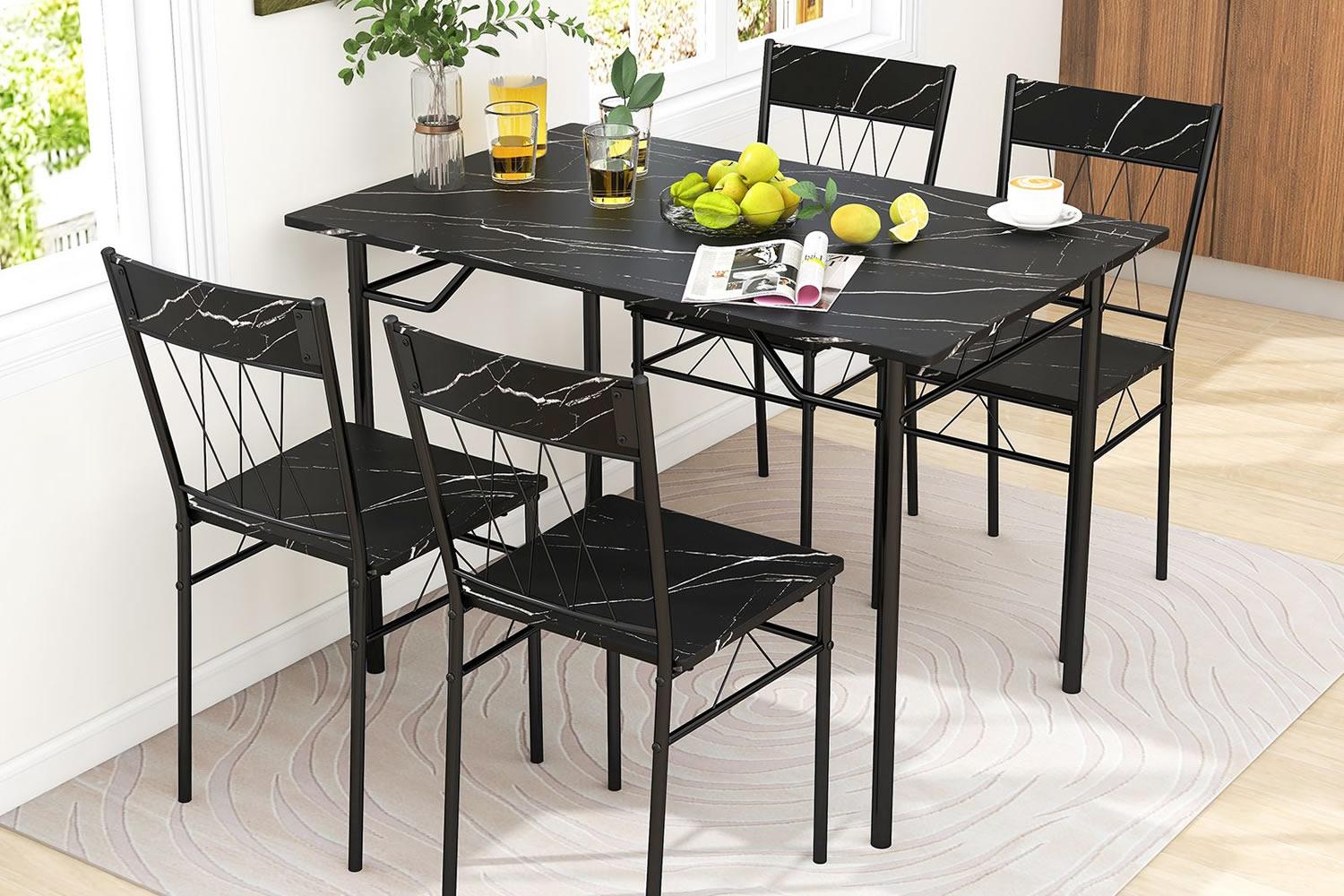 View Canton 4Seater Black Wooden Dining Table Set 1 Rectangular Dining Table 4 High Back Chairs Compact Design Steel Frame NonSlip Foot Pads information