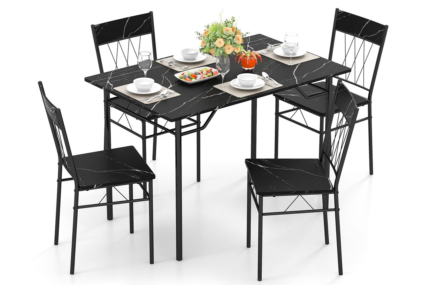 View Canton 4Seater Black Wooden Dining Table Set 1 Rectangular Dining Table 4 High Back Chairs Compact Design Steel Frame NonSlip Foot Pads information